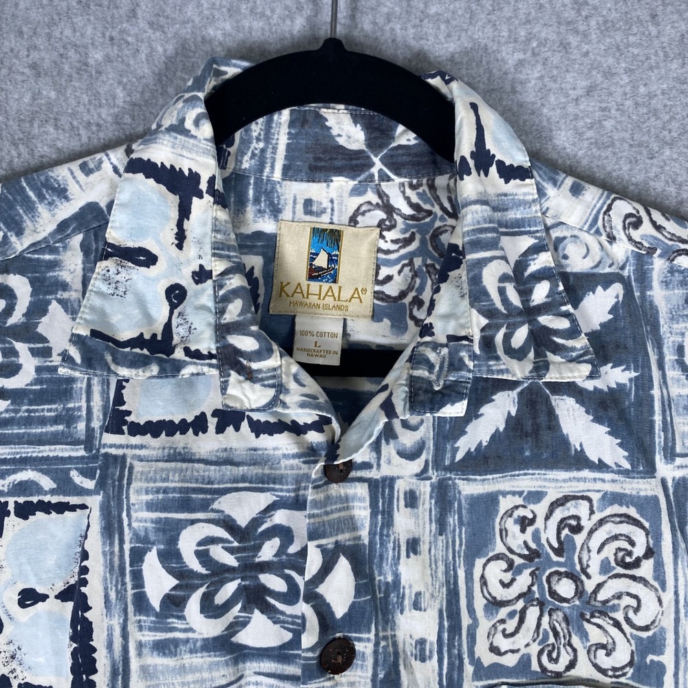 Kahala Button Up Shirt Mens Large Blue Geometric Floral Cotton Hawaii Made - Picture 6 of 16